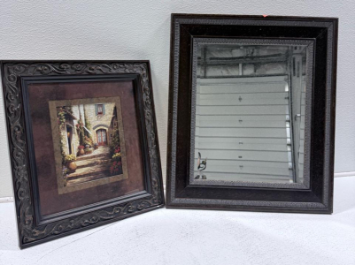 Ornate 22"x22" Framed Art Print & 22"x22" Framed Wall Mirror, Dark Brown Decorative Set