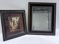 Ornate 22"x22" Framed Art Print & 22"x22" Framed Wall Mirror, Dark Brown Decorative Set