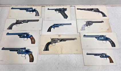 Hand-Painted Historic Firearm Art Set by R. Ault &ndash; 11 Signed Illustrations of Classic Pistols & Revolvers