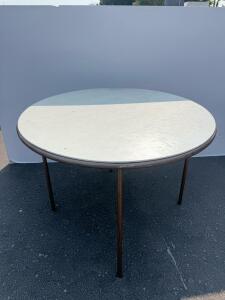 48" Round Folding Table, White Laminate Top, Metal Legs, Multi-Purpose, Moderate Wear