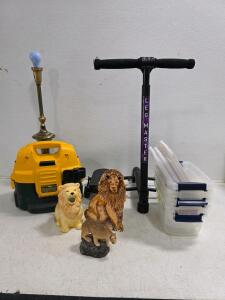 Leg Master Exercise Machine, 4 hefty Small Totes, Dewalt shop vac, no battery