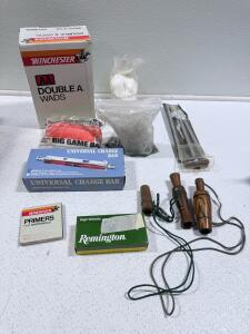 Reloading Lot: Remington 30-30 Brass, Winchester 12 Ga Wads, Universal Charge Bars, Duck Calls