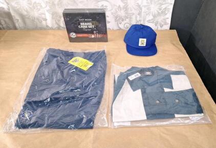 (1) Pair Of Banana Boat UPF 50+ Men's Hybrid Shorts, Small, Navy, (1) Dickies Westover Long Sleeve Men's Lifestyle Shirt, Medium, Navy, (1) Dickies &ldquo;Don&rsquo;t Trip&rdquo; Blue Baseball Hat & (1) East Moon Beard Care Set