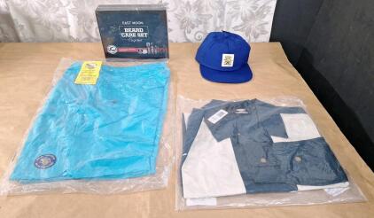(1) Pair Of Banana Boat UPF 50+ Men's Hybrid Shorts, Small, Aqua, (1) Dickies Westover Long Sleeve Men's Lifestyle Shirt, Medium, Navy, (1) Dickies &ldquo;Don&rsquo;t Trip&rdquo; Blue Baseball Hat & (1) East Moon Beard Care Set