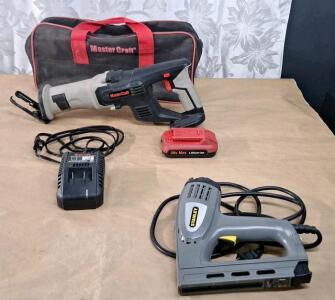 (1) Master Craft 20V Cordless Reciprocating Saw W/ Battery, Charger & Storage Bag & (1) Stanley Model TRE550 Electric Staple & Brad Nail Gun