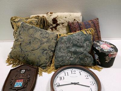 Sterling & Noble Wall Clock, Quartz, 12" Brown Frame, Serial 2.065.27, Various Pillows, And Family Crest