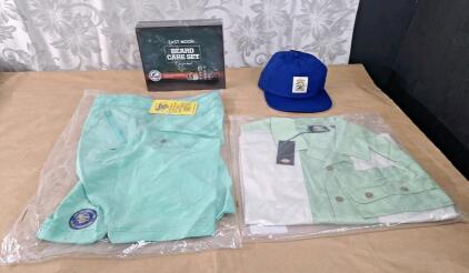 (1) Pair Of Banana Boat UPF 50+ Men's Hybrid Shorts, Small, Seafoam, (1) Dickies Westover Long Sleeve Men's Lifestyle Shirt, Medium, Mint Green, (1) Dickies &ldquo;Don&rsquo;t Trip&rdquo; Blue Baseball Hat & (1) East Moon Beard Care Set