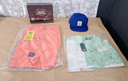 (1) Pair Of Banana Boat UPF 50+ Men's Hybrid Shorts, Small, Coral, (1) Dickies Westover Long Sleeve Men's Lifestyle Shirt, Medium, Mint Green, (1) Dickies &ldquo;Don&rsquo;t Trip&rdquo; Blue Baseball Hat & (1) East Moon Beard Care Set