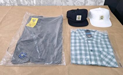 (1) Pair Of Banana Boat UPF 50+ Men's Hybrid Shorts, Small, Charcoal, (1) Dickies Temp-IQ Cooling Long Sleeve Men's Skateboarding Shirt, Medium, Green & White Plaid & (2) Dickies &ldquo;Don&rsquo;t Trip&rdquo; Baseball Hats, (1) Black, (1) White
