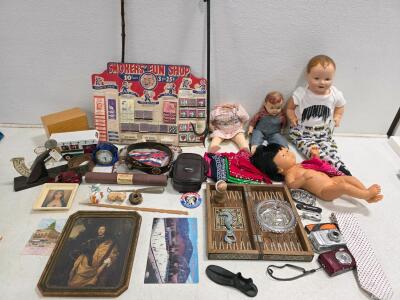 Vintage Collectibles Lot: Dolls, Cameras, Backgammon Set, Pocket Knives, "Smokers' Fun Shop" Display