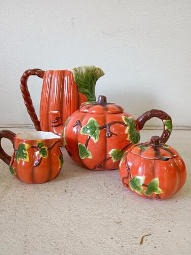Ceramic Pumpkin Tea Set 4-Piece with Teapot, Pitcher, Creamer, Sugar Bowl &ndash; Autumn Harvest Theme