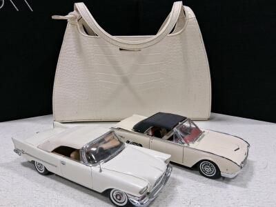Two 1:18 Scale Convertible Diecast Models (1957 Cadillac Eldorado, 1962 Ford Thunderbird) + White Croc Embossed Shoulder Bag