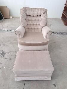 Beige Corduroy Upholstered Armchair with Tufted Back and Matching Ottoman