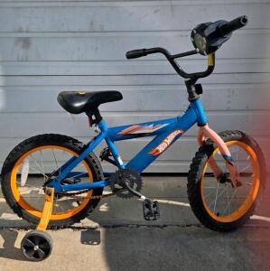 Hot Wheels 16" Kids Bike, Blue/Orange, Training Wheels, Rev Grip Toy, Coaster Brake, Steel Frame