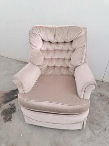 Beige Tufted Back Upholstered Armchair with Skirted Base and Rolled Arms