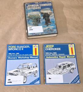 (1) Haynes Repair Manual For 1983-1989 Ford Ranger/Bronco, (1) Haynes Repair Manual For 1984-1993 Jeep Cherokee/ Wagoneer/Comanche & (1) 1958-1972 Johnson/Evinrude Outboard Motor Repair Manual