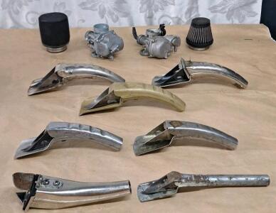 Lot Of (7) Assorted Vintage Metal Self-Piercing Oil Can Openers W/ Spout & (2) Small Engine Carburetors