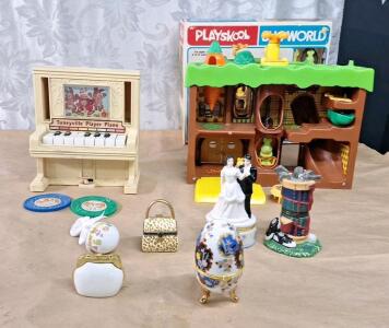 (6) Assorted Ceramic Trinket Boxes, (1) Vintage Playskool Bug World Set & (1) Vintage TOMY Tuneyville Player Piano
