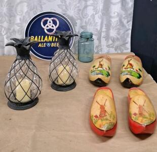 (2) Decorative 10" x 5" Glass & Metal Pinapple Lanterns W/ Battery Operated LED Candles, (2) Pair Of Vintage Hand-Painted Dutch Wooden Clogs & (1) Vintage Ballantines Beer Tray<br/>