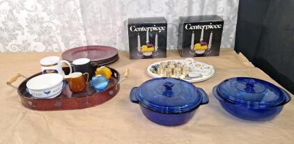 (1) Vintage Anchor Hocking Cobalt Blue Glass 2 Qt Round Covered Casserole Dish W/Lid, (1) Vintage Pyrex Cobalt Blue Glass 2 Qt Round Covered Casserole Dish W/Lid & More