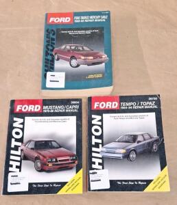 (1) Chilton Repair Manual For 1979-1988 Ford Mustang/ Capri, (1) Chilton Repair Manual For 1984-1994 Ford Tempo/ Topaz & (1) Chilton Repair Manual For 1986-1992 Ford Taurus/ Mercury Sable