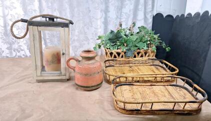 (1) 15" Wood & Glass Rustic Candle Lantern, (1) 9" Decorative Pitcher, (2) Bamboo Trays & (1) Wicker Basket & Artificial Ivy