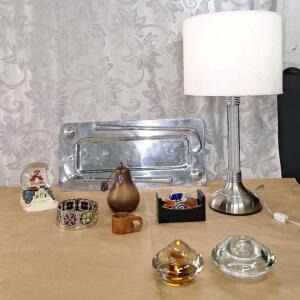 (2) Decorative Glass Paperweights, (1) Desk Lamp & Assorted Table Decor
