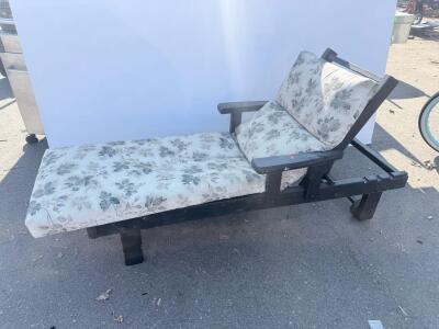 Wooden Adjustable Outdoor Chaise Lounge Chair with Floral Cushions, Rear Wheels, Armrests