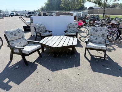 5-Piece Outdoor Patio Conversation Set, Black Wood Frame, Floral Cushions, Hexagonal Table