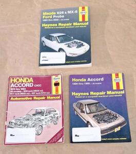 (1) Haynes Repair Manual For 1976-1983 Honda Accord CVCC, (1) Haynes Repair Manual For 1984-1989 Honda Accord & (1) Haynes Repair Manual For 1993-2002 Mazda 626/MX-6 & Ford Probe
