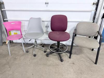 Assorted Office & Task Chairs, Pink Student, Gray Plastic, Maroon Drafting, Gray Guest, Metal Frames