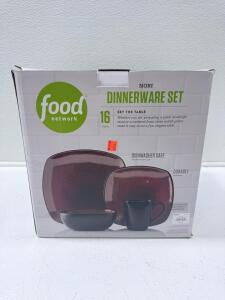 Food Network Nori 16-Piece Stoneware Dinnerware Set &ndash; Deep Burgundy with Black, High-Gloss Finish