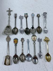 Lot of 14 Collectible Souvenir Spoons &mdash; Landmark, Crest, and Character Designs, Silver Plate, Enamel
