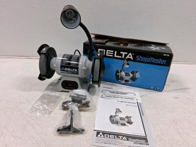 Delta ShopMaster GR150 6" Bench Grinder, 1/5 HP, 3,450 RPM, Dual Wheels, Work Light, 2-Year Warranty (Turns On)