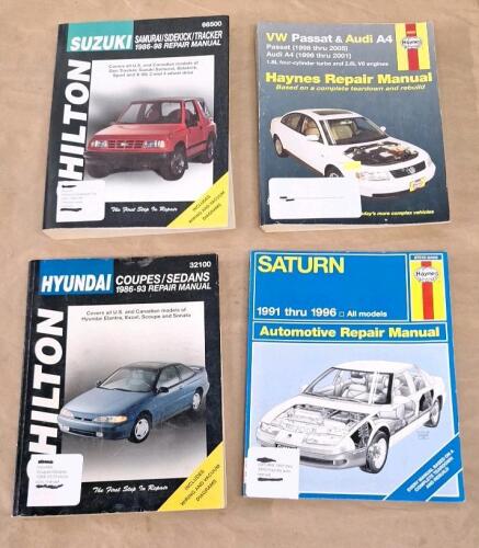 (1) Chilton Repair Manual For 1986-1993 Hyundi Coupes/Sedans, (1) Haynes Repair Manual For 1991-1996 Saturn, (1) Chilton Repair Manual For 1986-1998 Suzuki Samurai/ Sidekick/Tracker & (1) Haynes Repair Manual For 1998-2005 VW Passat & 1996-2001 Audi A4