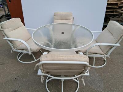 Round Glass Top Patio Dining Set &ndash; 4 White Swivel Chairs, Cushions, Outdoor Table, Umbrella Hole