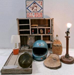 Mixed Vintage Lot: Motorcycle Helmet, Lamps, Cubby Shelf, Wicker Jug, Tray, Decor & More