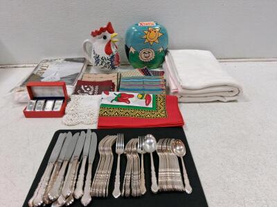 Vintage Kitchen & Tableware Lot, Hand-Painted Mugs, 33-Piece Flatware Set, Tablecloth, Napkins