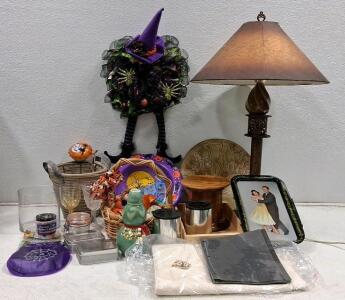 Mixed Home Decor Lot &ndash; Japanese Saki Bottle and Cup, Rustic Table Lamp, & More