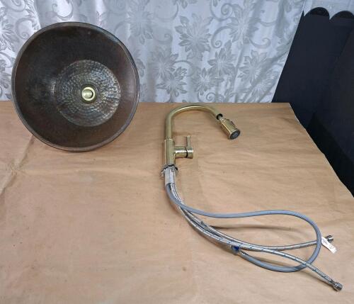 (1) Hand-Hammered, Round Brass Vessel Sink, 16" Diameter x 6" Deep & (1) Lava Odoro Kitchen Faucet, Brushed Brass Finish