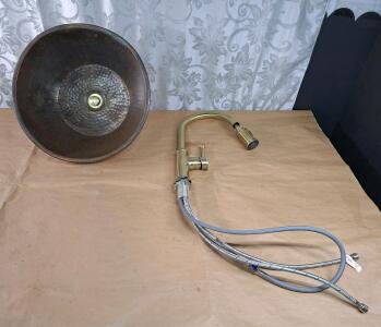 (1) Hand-Hammered, Round Brass Vessel Sink, 16" Diameter x 6" Deep & (1) Lava Odoro Kitchen Faucet, Brushed Brass Finish