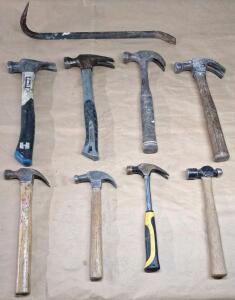 (7) Assorted Claw Hammers, (1) Ball Peen Hammer & (1) 18" Crowbar