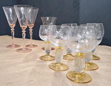 (6) Roemer Pieroth Theresienthal Etched Wine /Cordial Glasses W/ Twisted Stems, Amber Base & (4) Vintage Pink Wine / Water Goblets