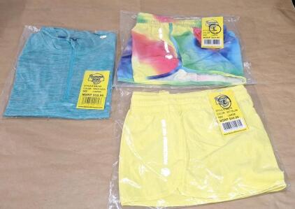 (2) Pair Of Banana Boat UPF 50+ Ladies Activewear Shorts, (1) Tye Dye, (1) Soft Yellow, Both Large & (1) Banana Boat UPF 50+ Ladies Rash Guard Top, Space Aqua, Large