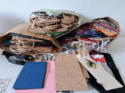 Large Mixed Lot of 60 Reusable Gift and Shopping Bags, Kraft Paper & Fabric, Assorted Sizes & Designs