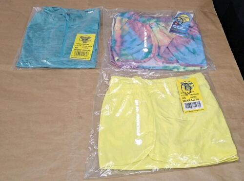 (2) Pair Of Banana Boat UPF 50+ Ladies Activewear Shorts, (1) Tye Dye, (1) Soft Yellow, Both Large & (1) Banana Boat UPF 50+ Ladies Rash Guard Top, Space Aqua, Large