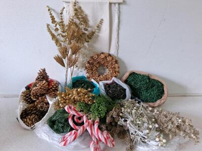 Large Christmas Craft Supplies Lot &ndash; Gold Wreath, Glitter Foliage, Pine Cones, Candy Canes, Filler