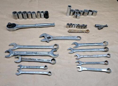 (1) 1/2" Drive Ratchet & Assorted Sockets & Box End Wrenches