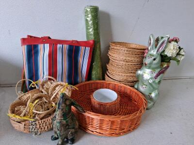 Large Home Decor Lot: Striped Tote Bag, 12 Wicker Baskets, Rabbit Figurines, Chip & Dip Basket