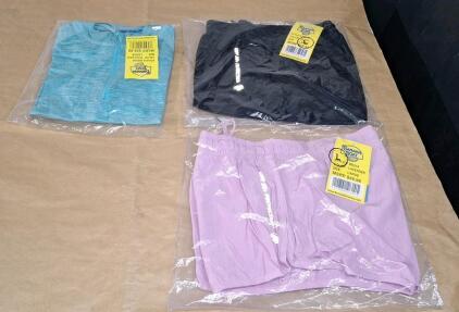 (2) Pair Of Banana Boat UPF 50+ Ladies Activewear Shorts, (1) Black, (1) Lavender, Both Large & (1) Banana Boat UPF 50+ Ladies Rash Guard Top, Space Aqua, Large